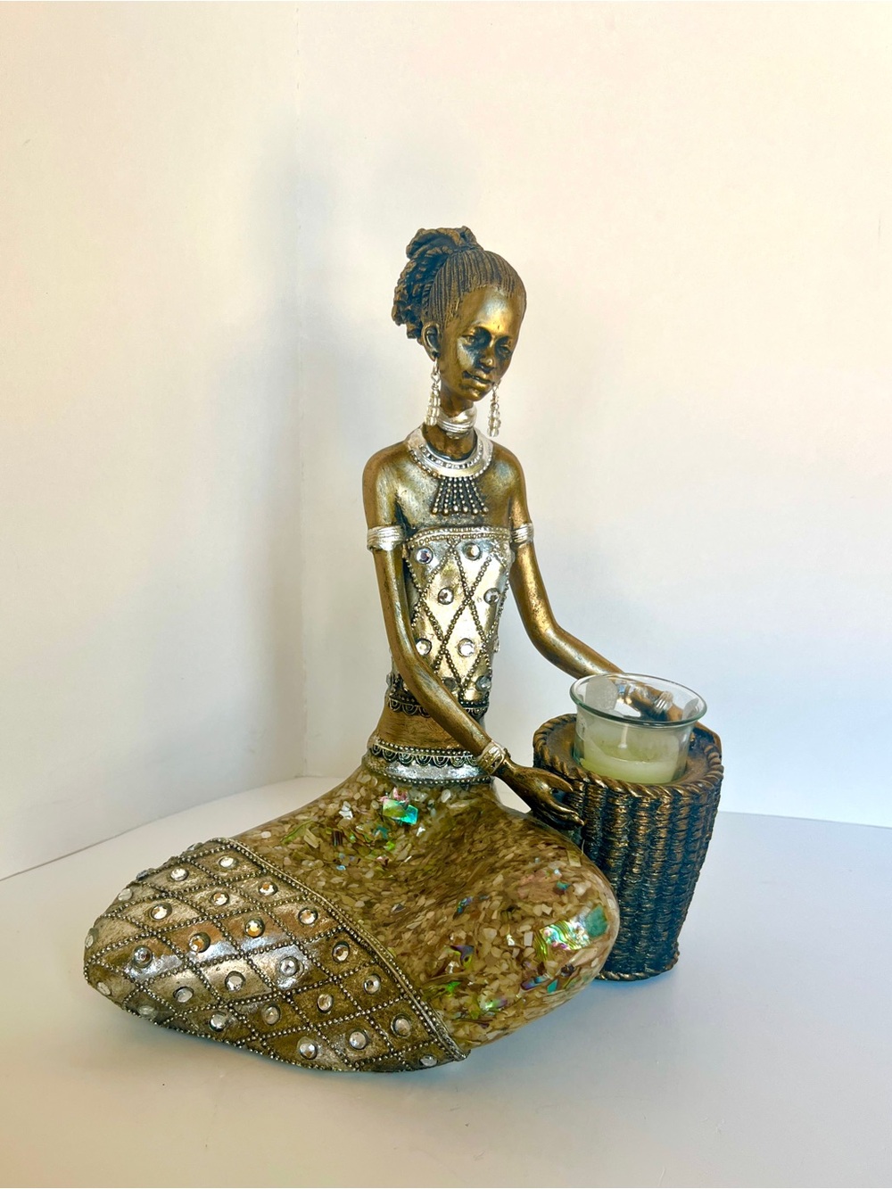 Gold Silver African Woman Basket  Holder with Embellished Dress Earrings